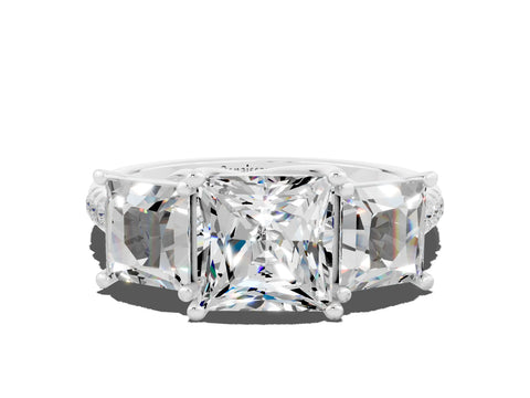 White gold Three-Stone Princess Cut Moissanite Ring with Round  Pavé Band and Prong Setting_36