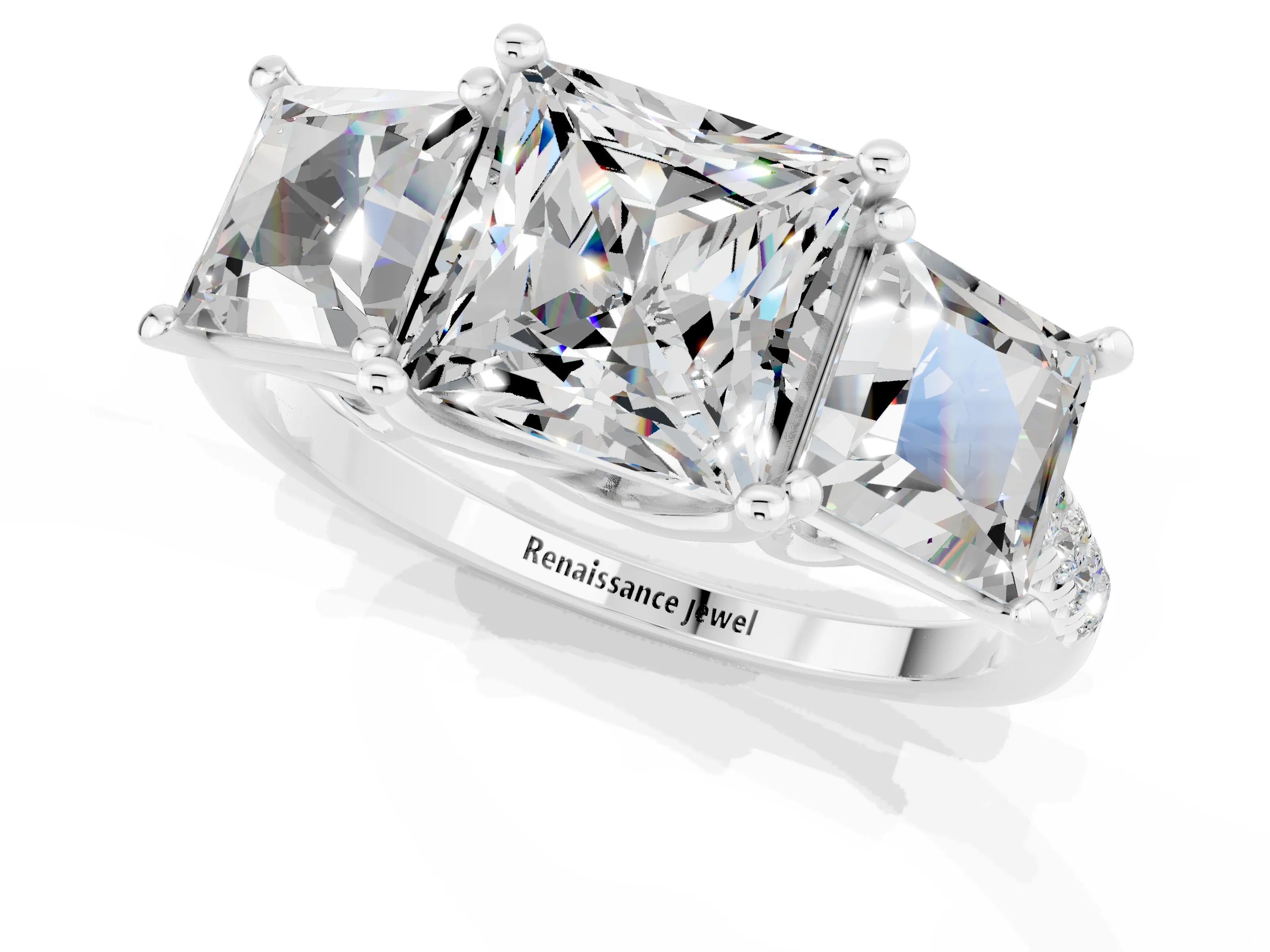 White gold Three-Stone Princess Cut Moissanite Ring with Round  Pavé Band and Prong Setting_37