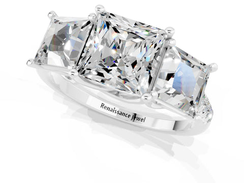 White gold Three-Stone Princess Cut Moissanite Ring with Round  Pavé Band and Prong Setting_37