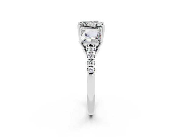 Platinum Three-Stone Princess Cut Moissanite Ring with Round  Pavé Band and Prong Setting