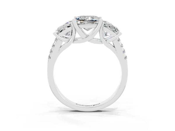 Platinum Three-Stone Princess Cut Moissanite Ring with Round  Pavé Band and Prong Setting