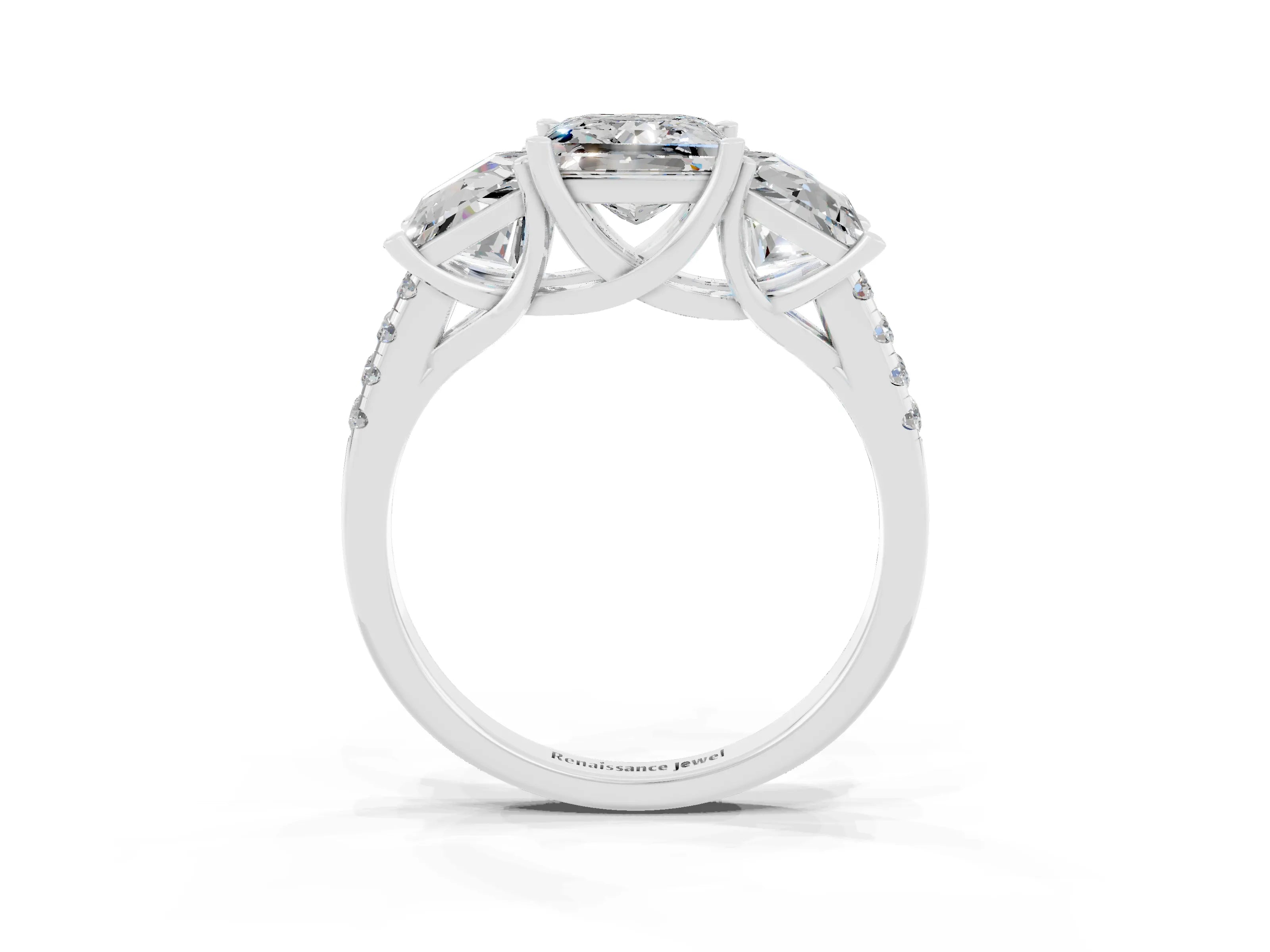 White gold Three-Stone Princess Cut Moissanite Ring with Round  Pavé Band and Prong Setting_39