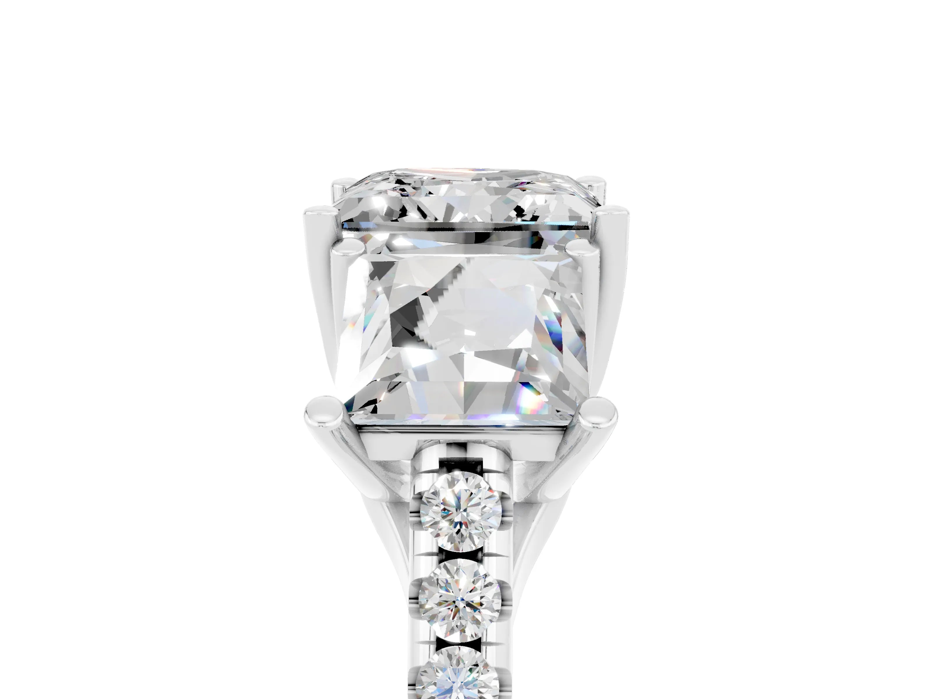 White gold Three-Stone Princess Cut Moissanite Ring with Round  Pavé Band and Prong Setting_41