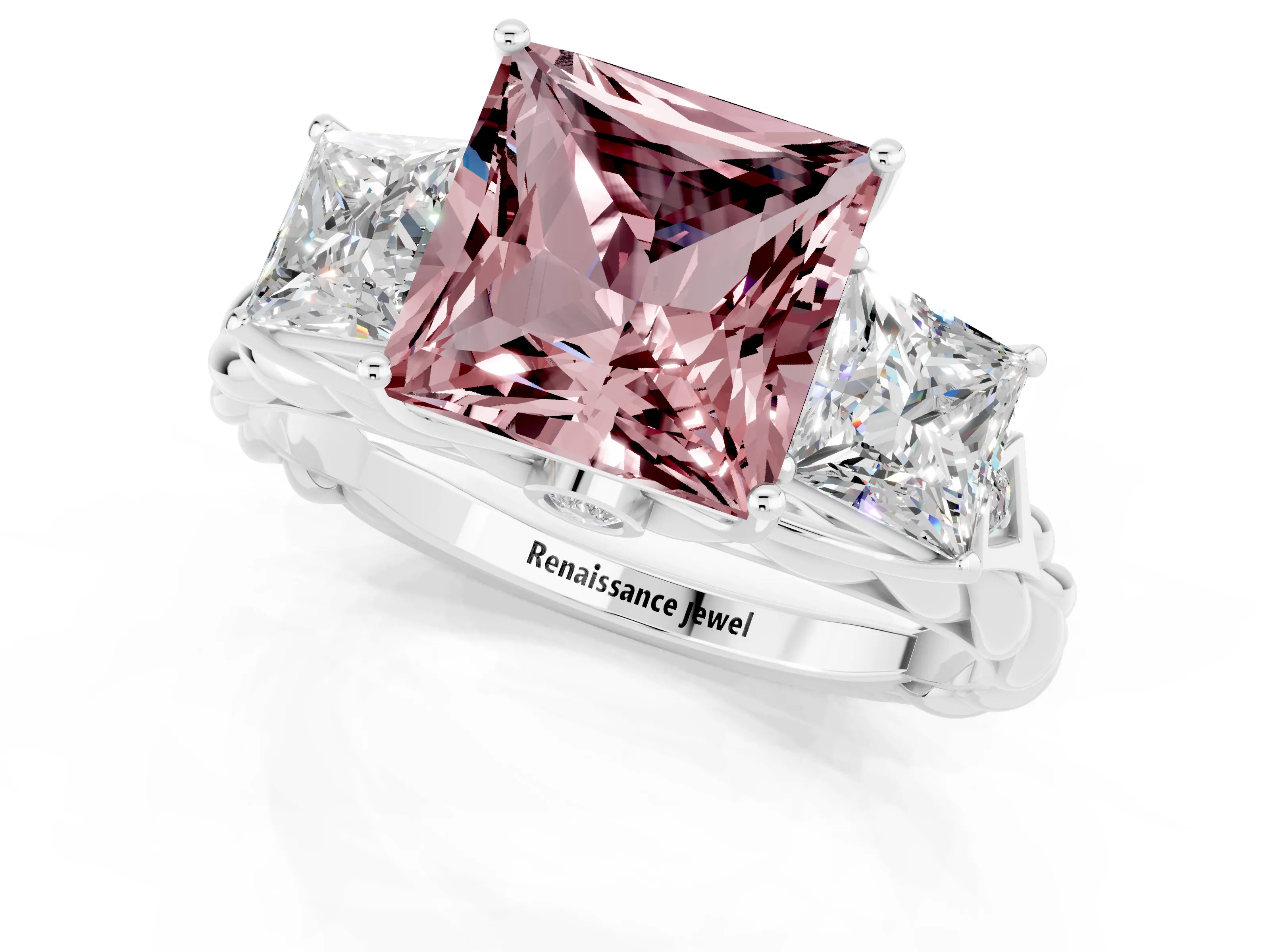 White gold Three-Stone Princess Cut Morganite Braided Band Ring with Four-Prong Setting_13