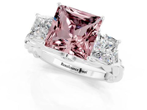 White gold Three-Stone Princess Cut Morganite Braided Band Ring with Four-Prong Setting_13
