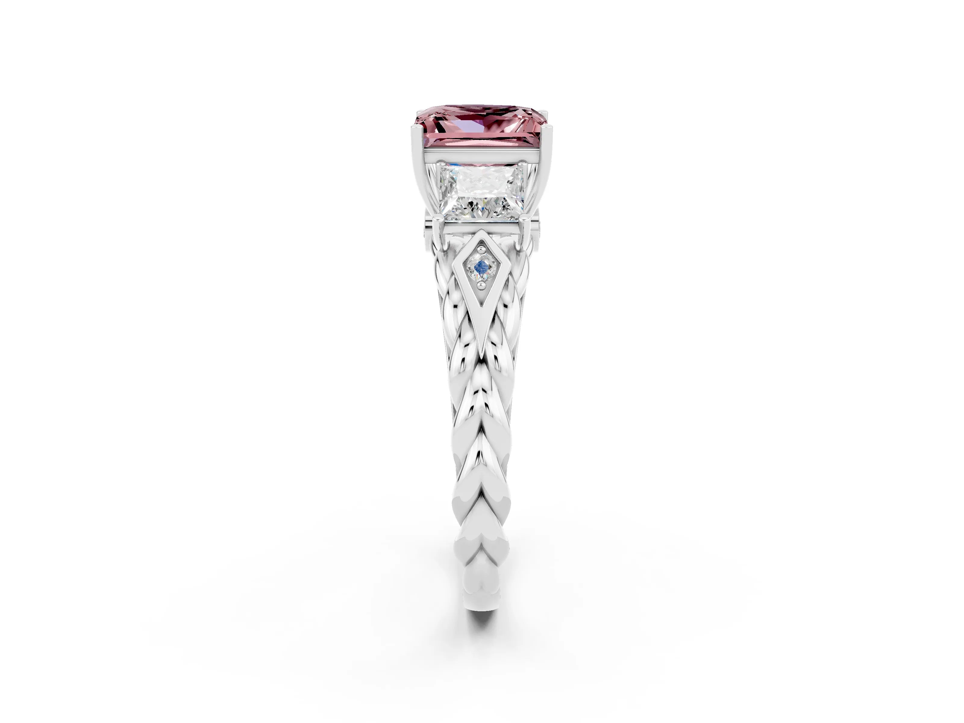 White gold Three-Stone Princess Cut Morganite Braided Band Ring with Four-Prong Setting_14