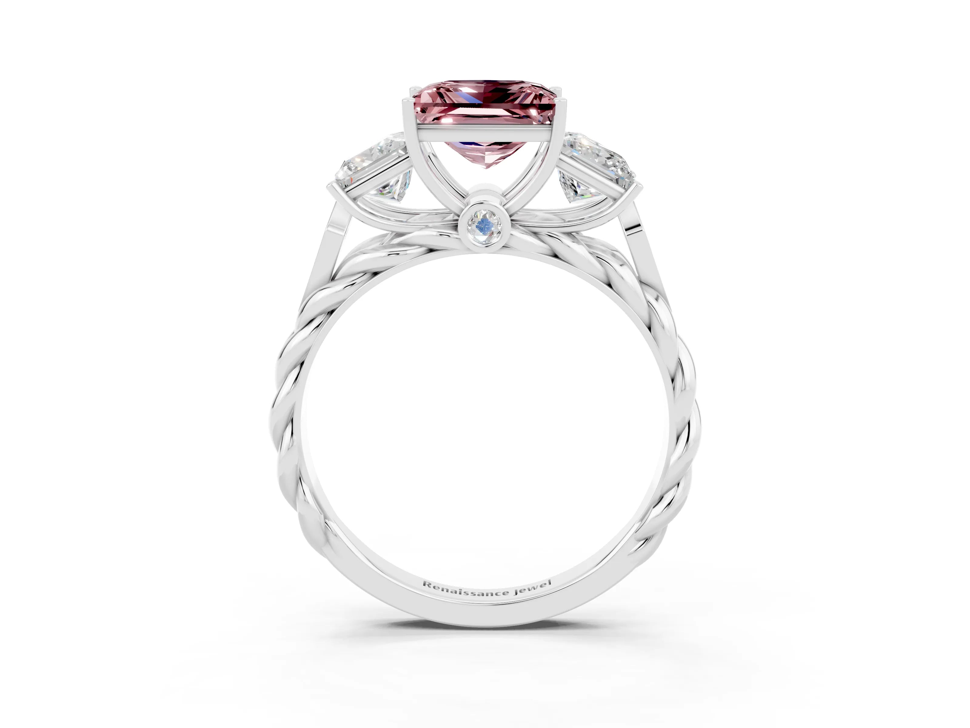 White gold Three-Stone Princess Cut Morganite Braided Band Ring with Four-Prong Setting_15