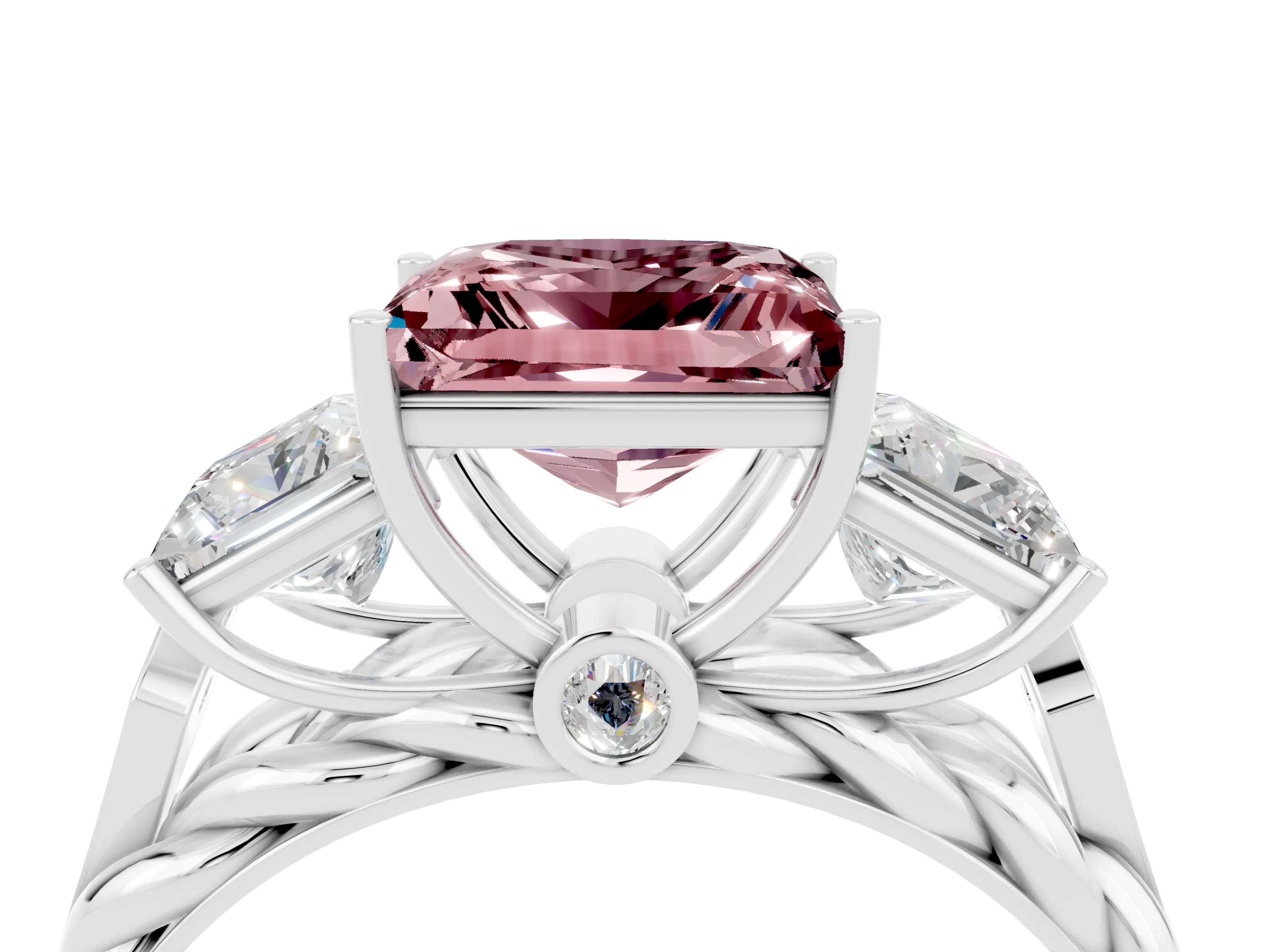 White gold Three-Stone Princess Cut Morganite Braided Band Ring with Four-Prong Setting_16