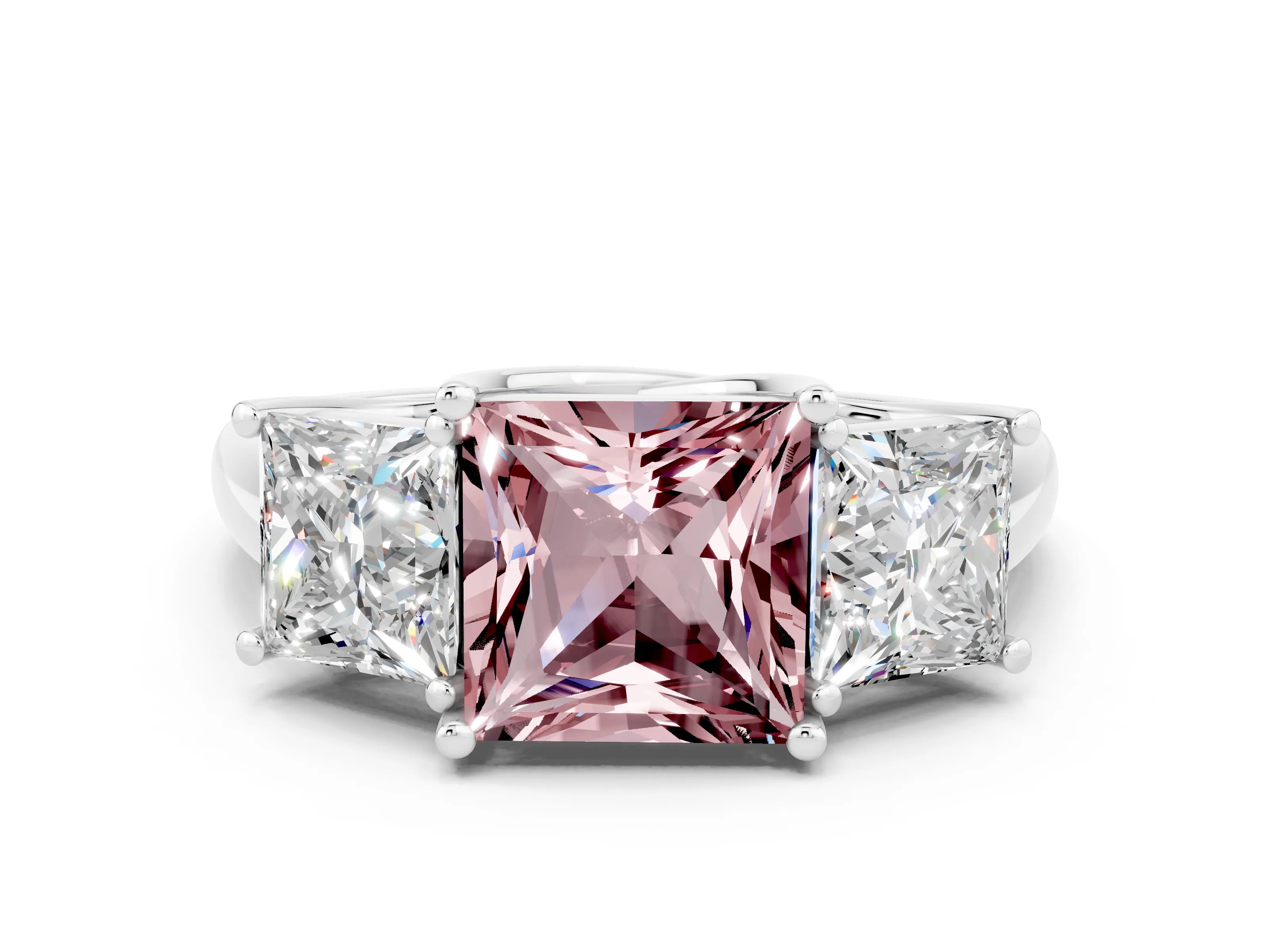 White gold Three-Stone Princess Cut Morganite Engagement Ring with Prong Setting