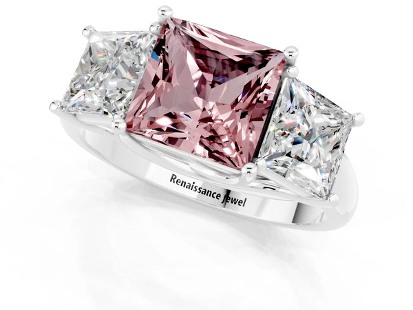 Platinum Three-Stone Princess Cut Morganite Engagement Ring with Prong Setting