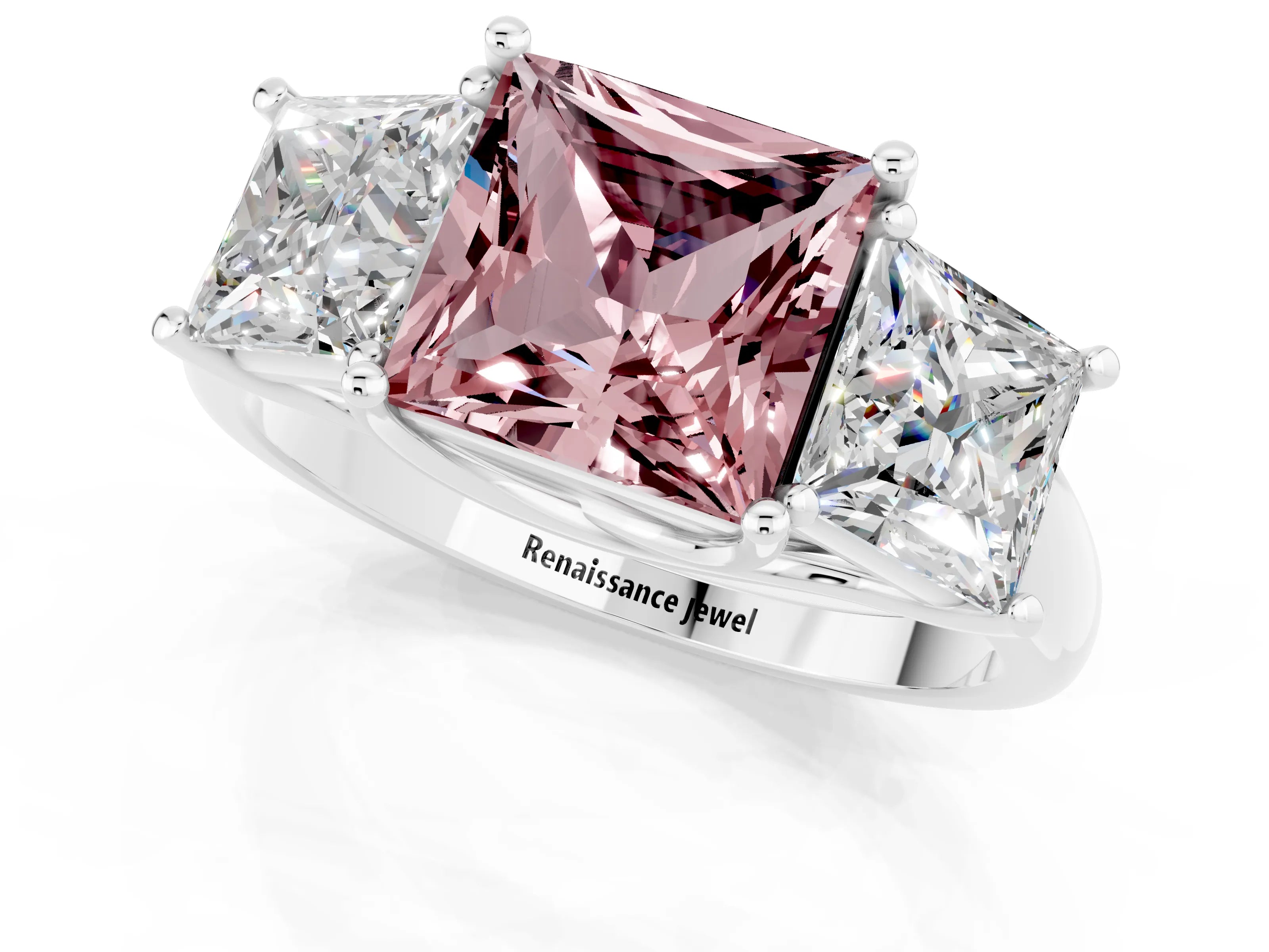 White gold Three-Stone Princess Cut Morganite Engagement Ring with Prong Setting_1