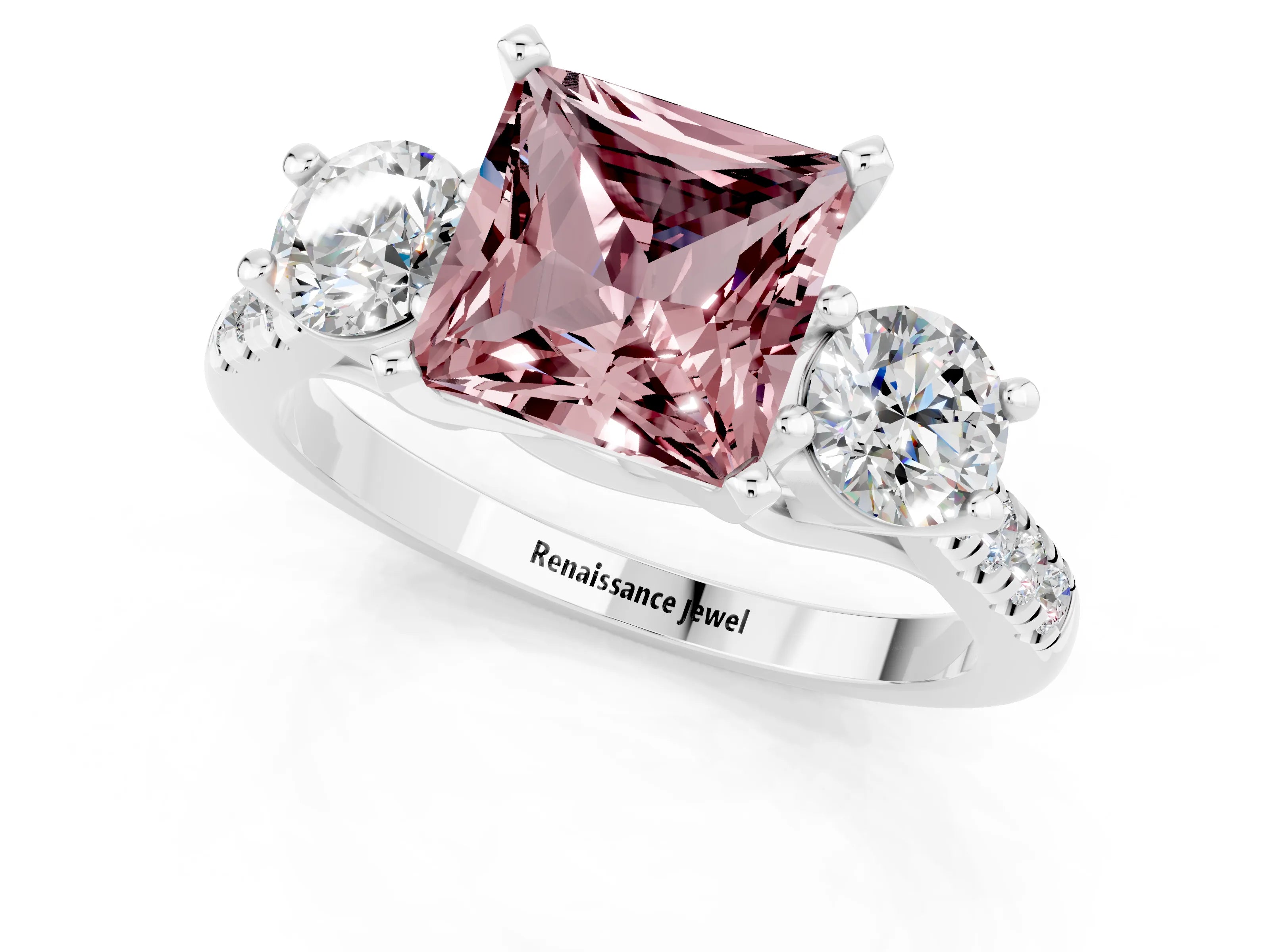 White gold Three-Stone Princess Cut Morganite Pavé Band with Four-Prong Setting_1