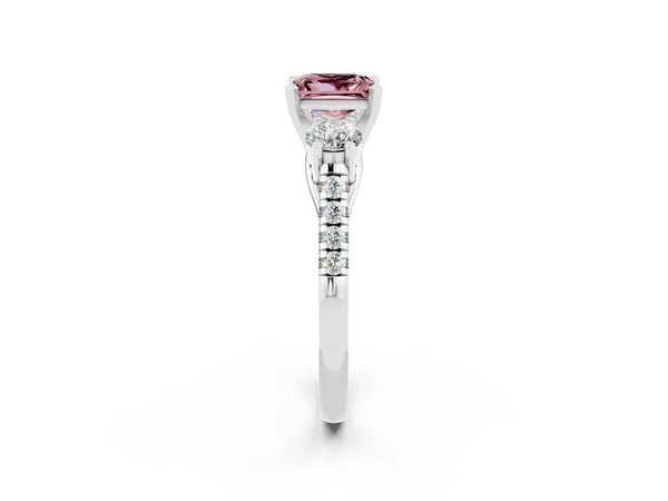 Platinum Three-Stone Princess Cut Morganite Pavé Band with Four-Prong Setting