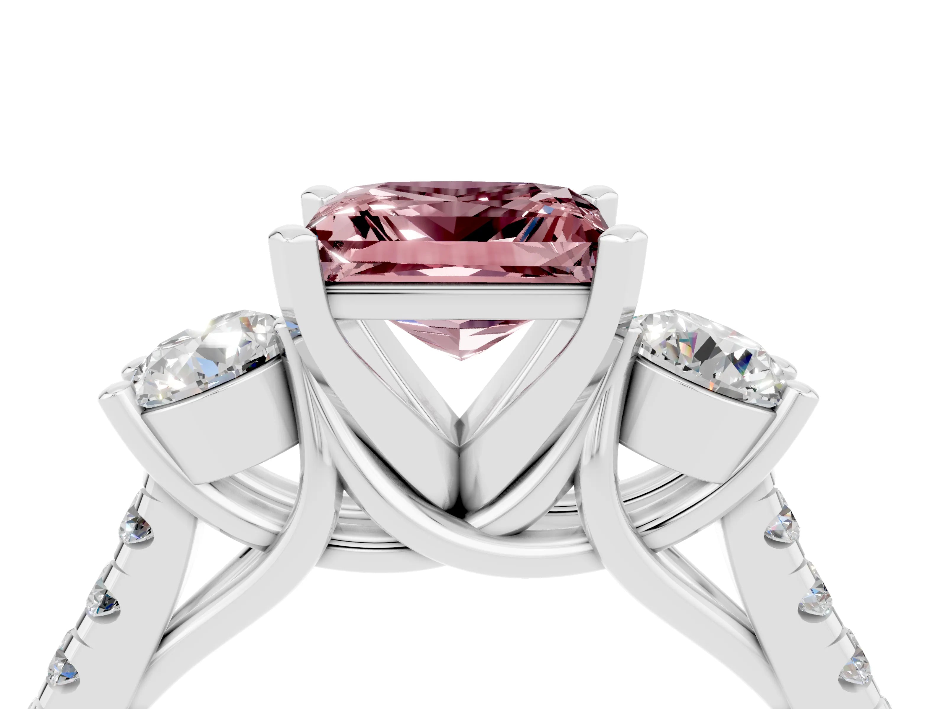 White gold Three-Stone Princess Cut Morganite Pavé Band with Four-Prong Setting_4