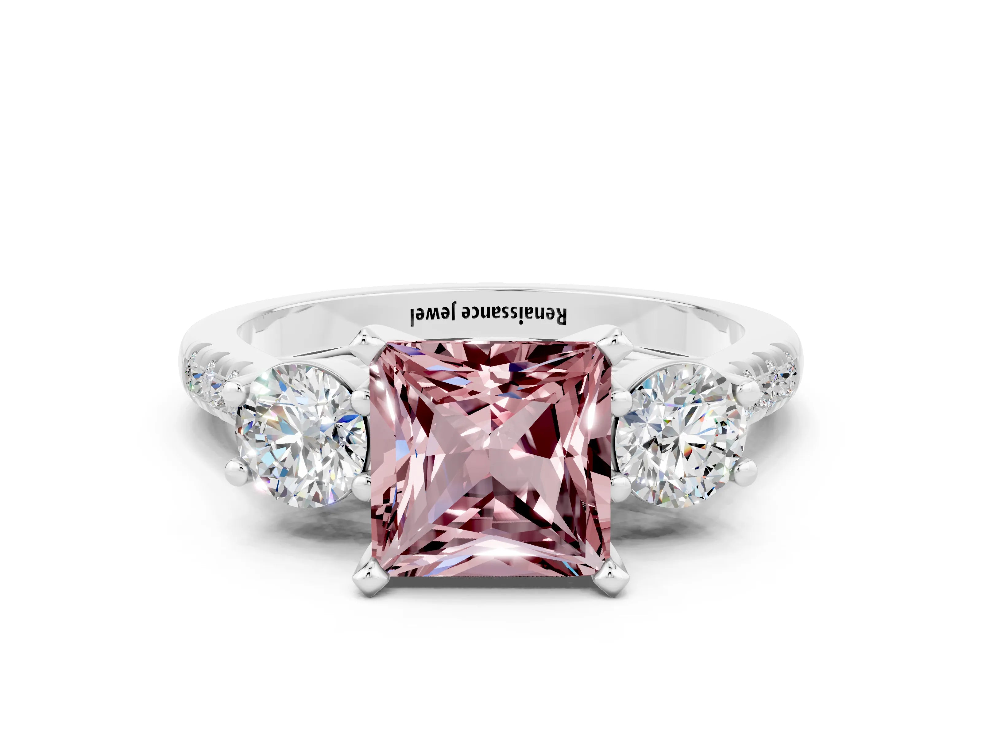 White gold Three-Stone Princess Cut Morganite Pavé Band with Four-Prong Setting