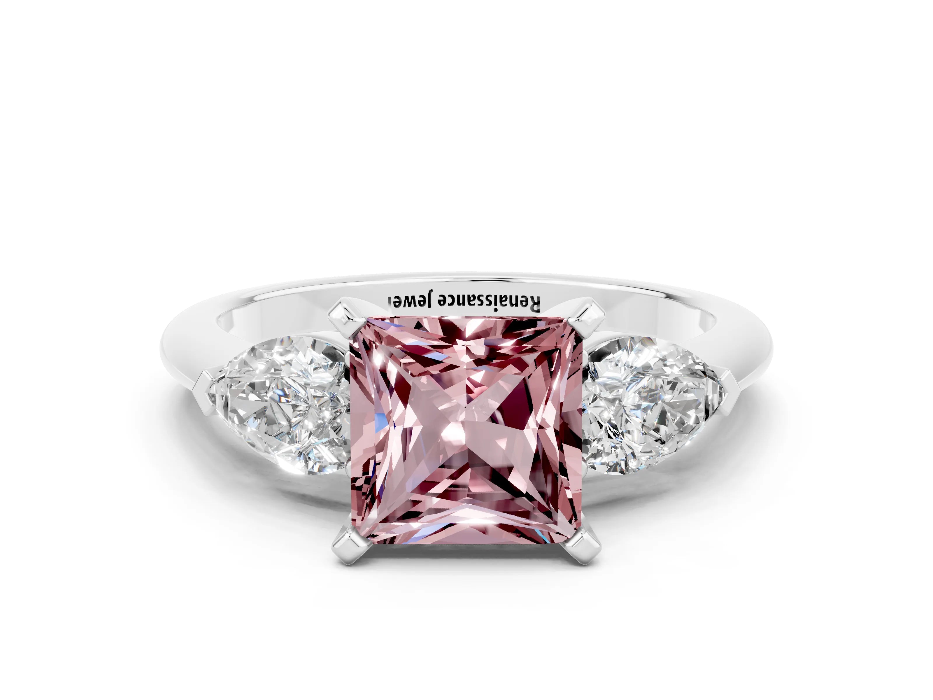 White gold Three-Stone Princess Cut Morganite Ring with Pear Side Stones and Four-Prong Setting_12