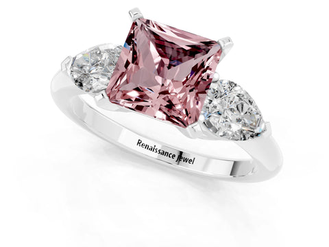 White gold Three-Stone Princess Cut Morganite Ring with Pear Side Stones and Four-Prong Setting_13