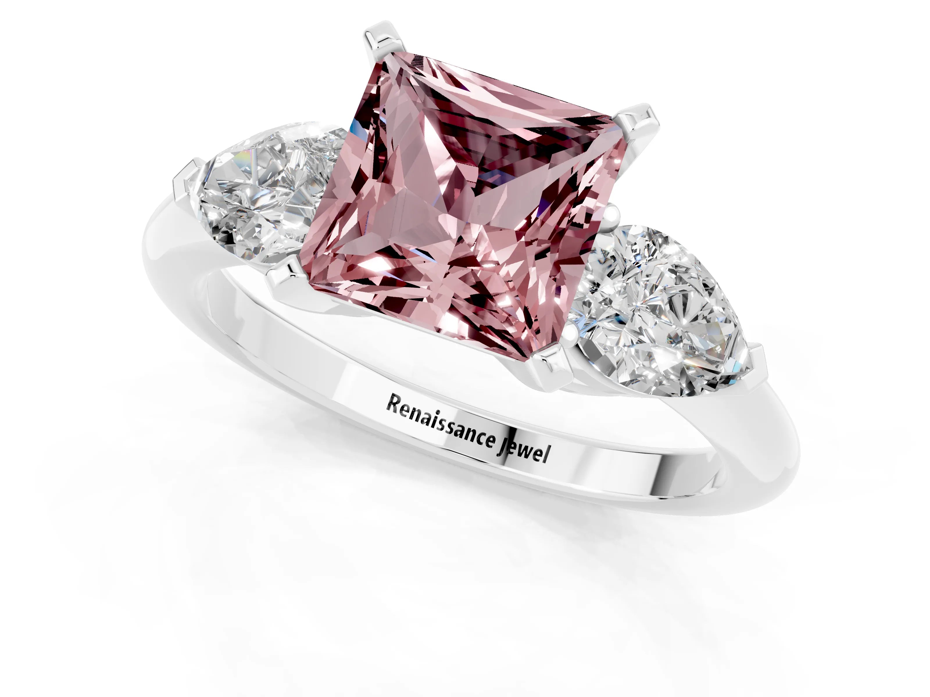 White gold Three-Stone Princess Cut Morganite Ring with Pear Side Stones and Four-Prong Setting_13