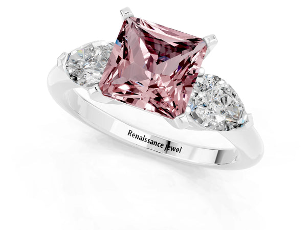 Silver Three-Stone Princess Cut Morganite Ring with Pear Side Stones and Four-Prong Setting
