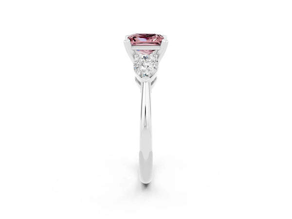 Silver Three-Stone Princess Cut Morganite Ring with Pear Side Stones and Four-Prong Setting