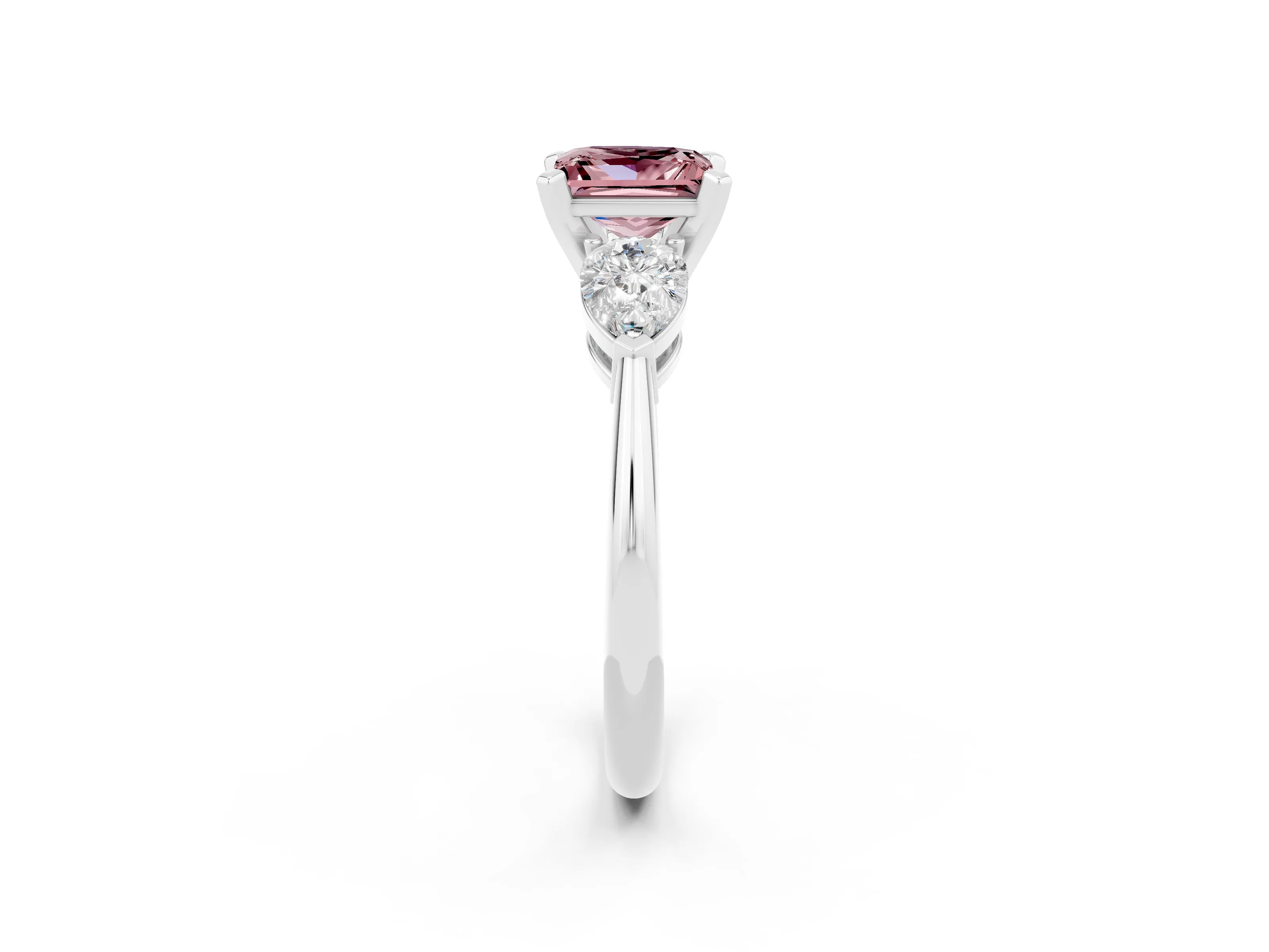 White gold Three-Stone Princess Cut Morganite Ring with Pear Side Stones and Four-Prong Setting_14