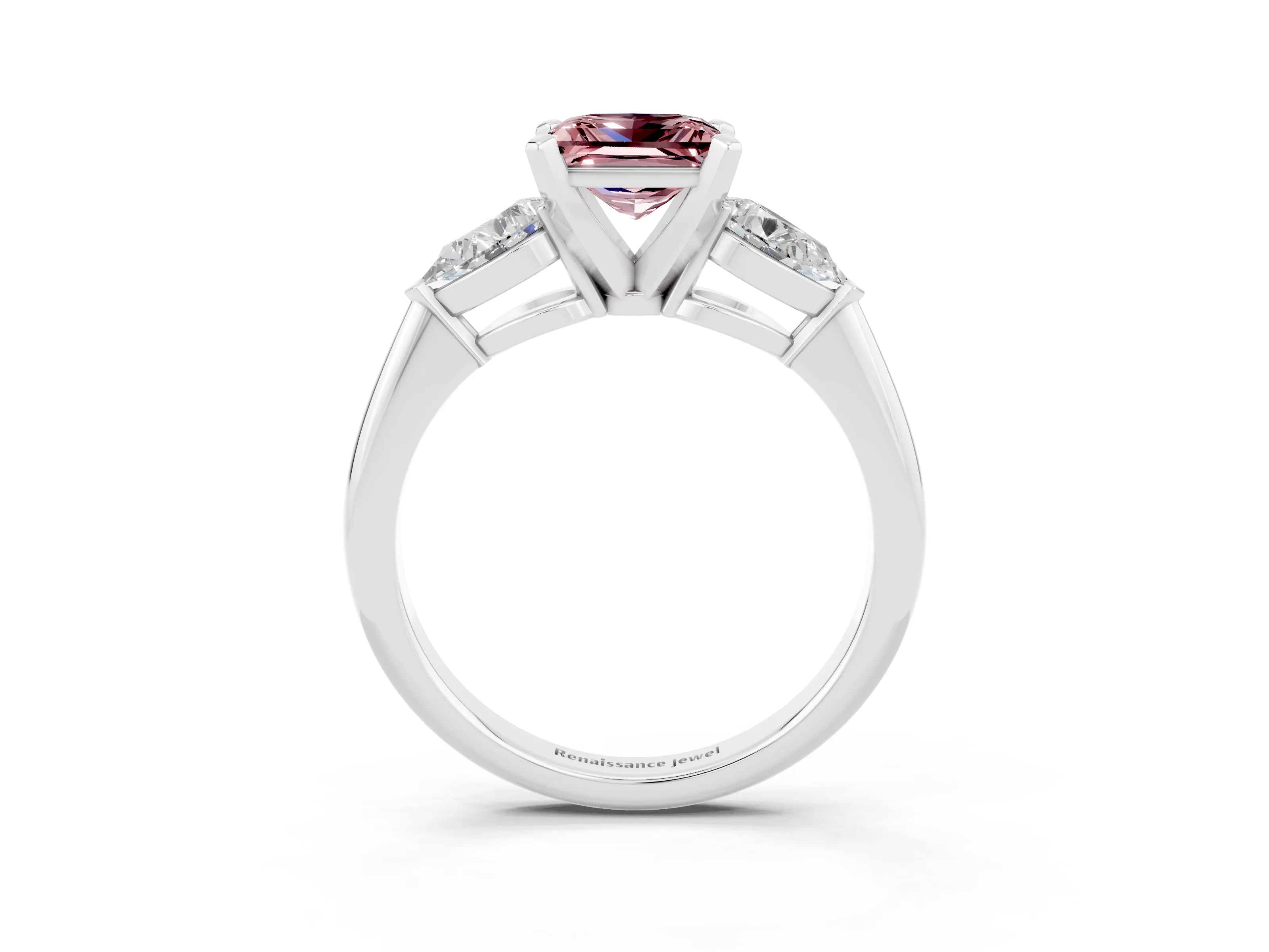 White gold Three-Stone Princess Cut Morganite Ring with Pear Side Stones and Four-Prong Setting_15