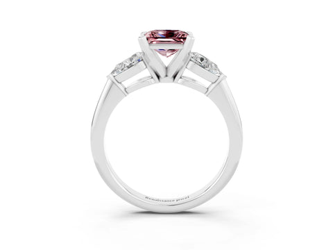 White gold Three-Stone Princess Cut Morganite Ring with Pear Side Stones and Four-Prong Setting_15