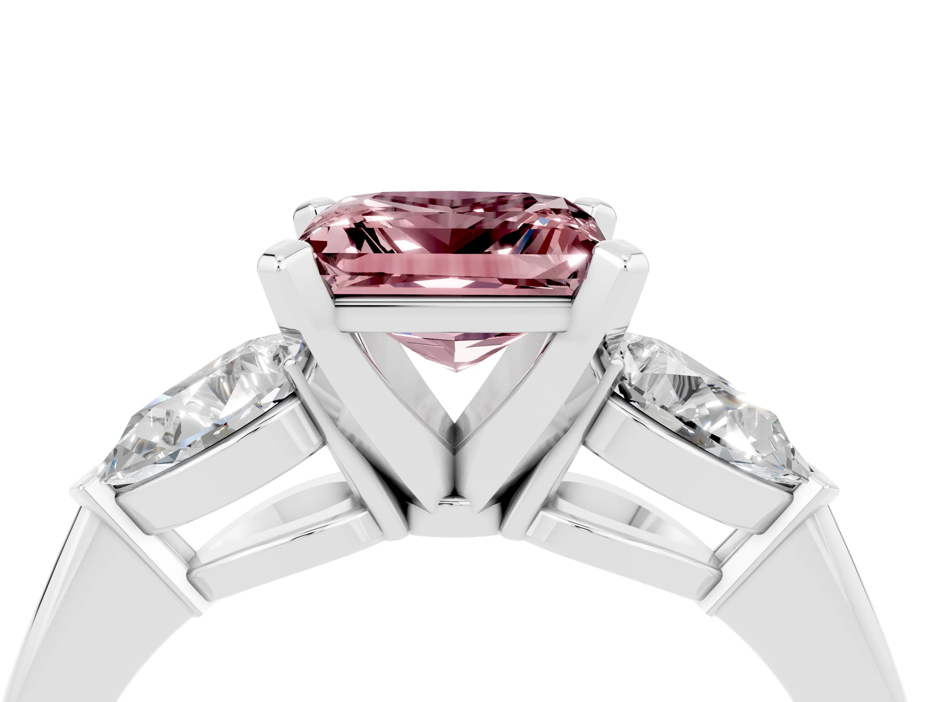 White gold Three-Stone Princess Cut Morganite Ring with Pear Side Stones and Four-Prong Setting_16