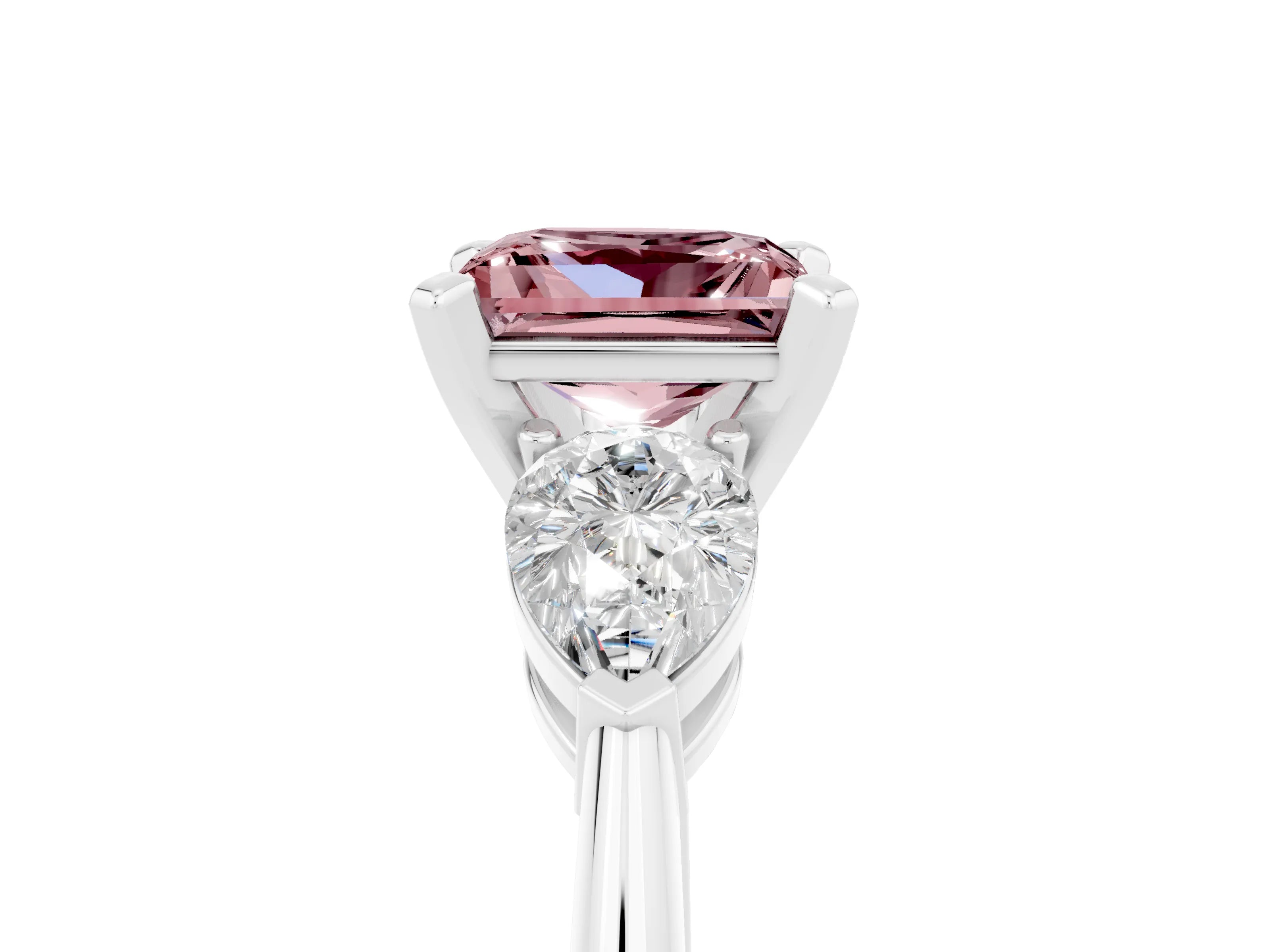 White gold Three-Stone Princess Cut Morganite Ring with Pear Side Stones and Four-Prong Setting_17