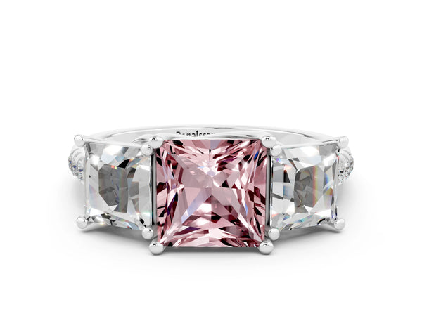 White gold Three-Stone Princess Cut Morganite Ring with Round  Pavé Band and Prong Setting