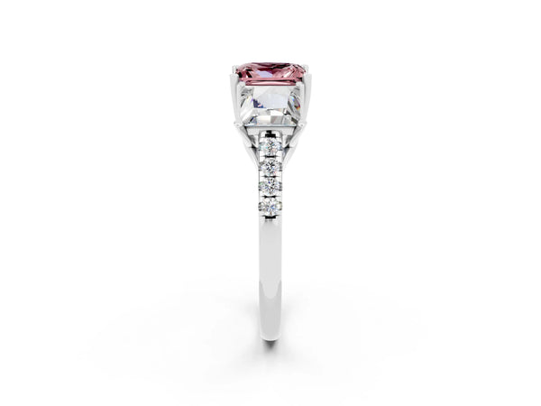 Platinum Three-Stone Princess Cut Morganite Ring with Round  Pavé Band and Prong Setting