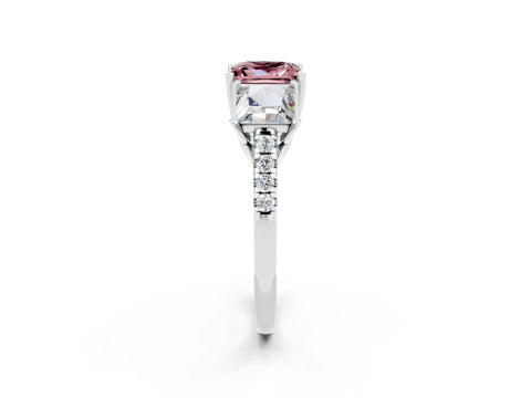 White gold Three-Stone Princess Cut Morganite Ring with Round  Pavé Band and Prong Setting_26