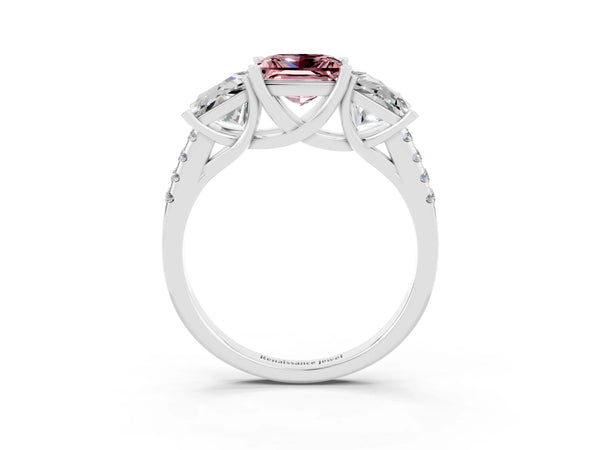 Platinum Three-Stone Princess Cut Morganite Ring with Round  Pavé Band and Prong Setting