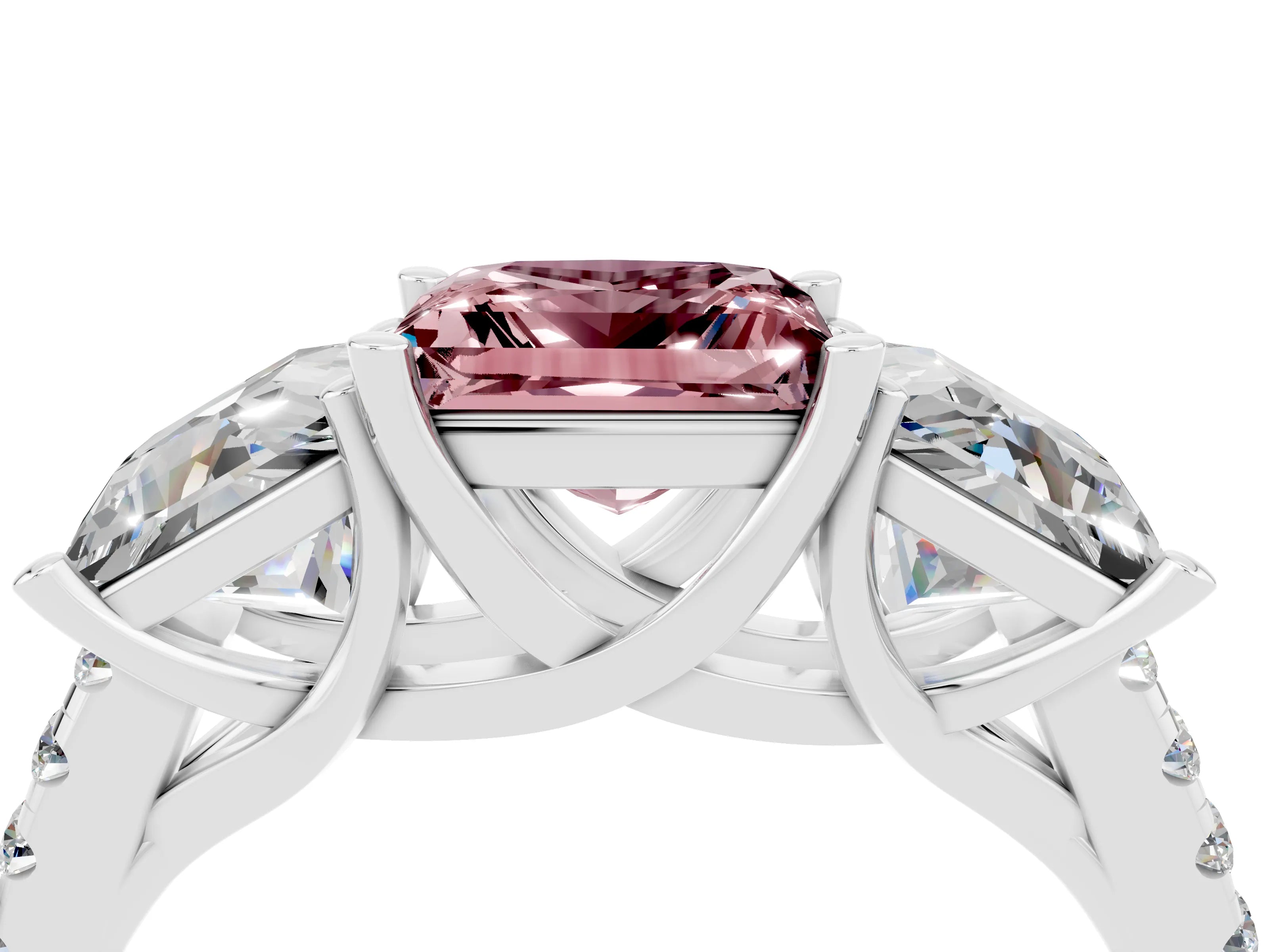 White gold Three-Stone Princess Cut Morganite Ring with Round  Pavé Band and Prong Setting_28