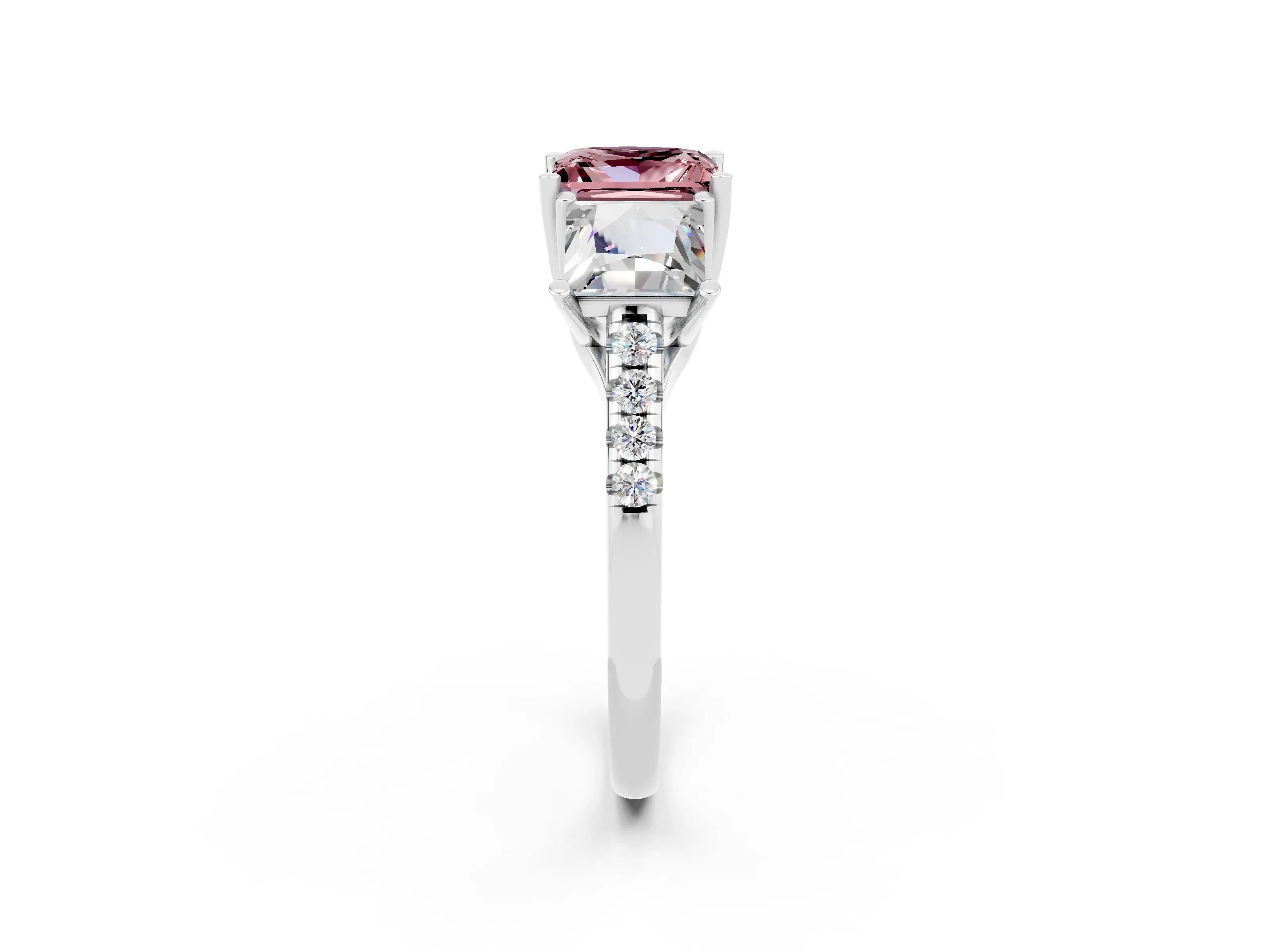 White gold Three-Stone Princess Cut Morganite Ring with Round  Pavé Band and Prong Setting_37