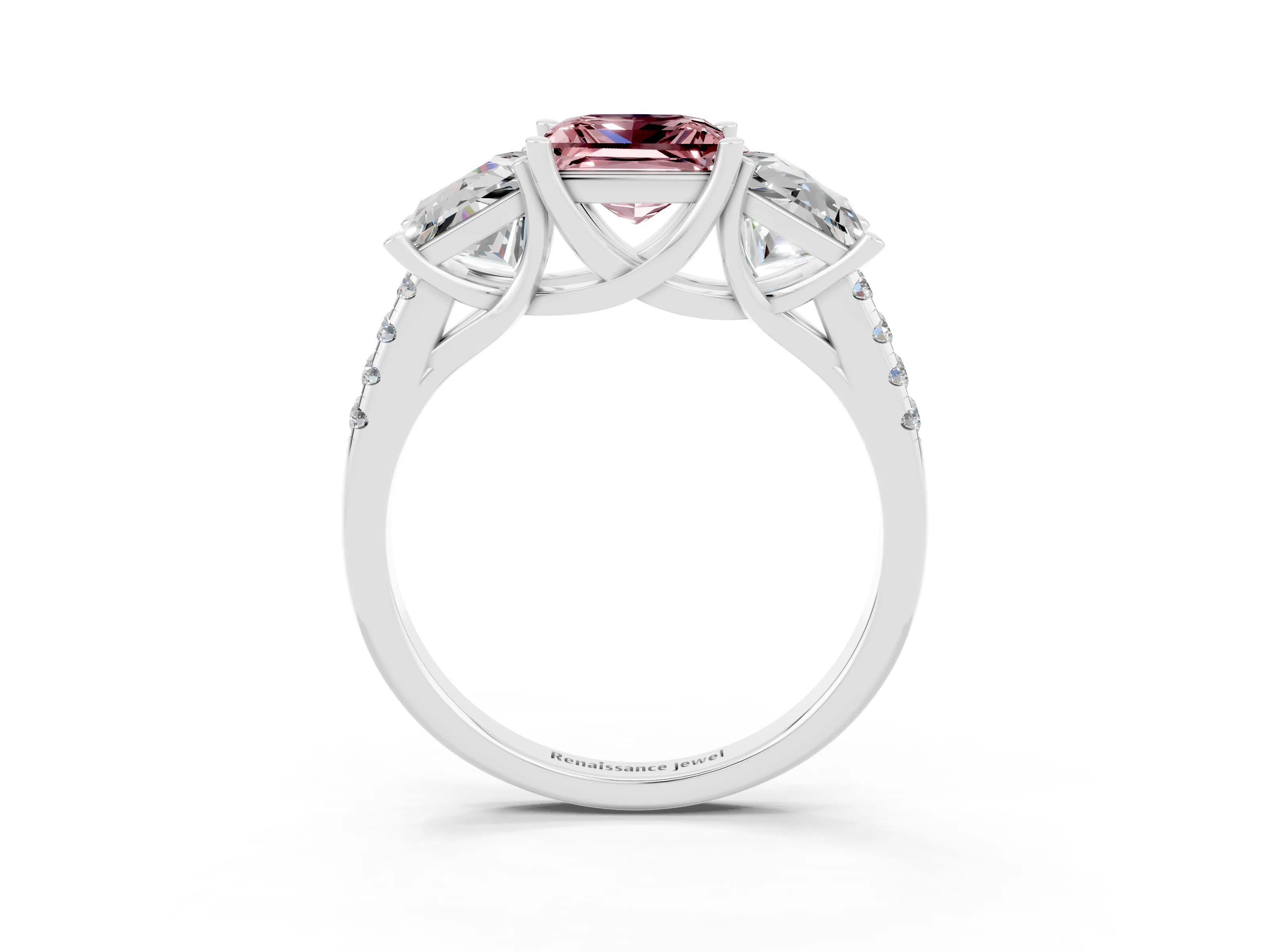 White gold Three-Stone Princess Cut Morganite Ring with Round  Pavé Band and Prong Setting_38