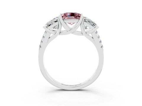 White gold Three-Stone Princess Cut Morganite Ring with Round  Pavé Band and Prong Setting_39