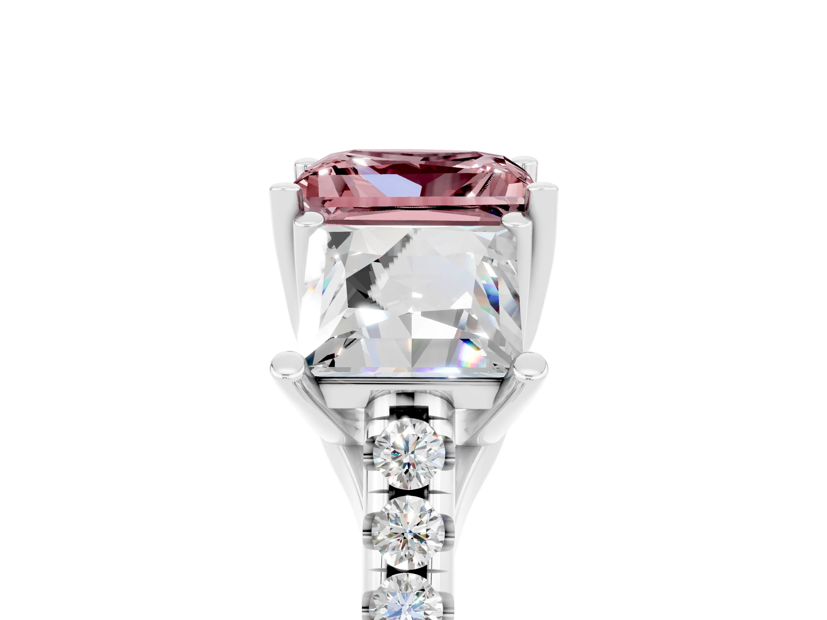 White gold Three-Stone Princess Cut Morganite Ring with Round  Pavé Band and Prong Setting_40