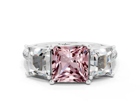 White gold Three-Stone Princess Cut Morganite Ring with Round  Pavé Band and Prong Setting_48