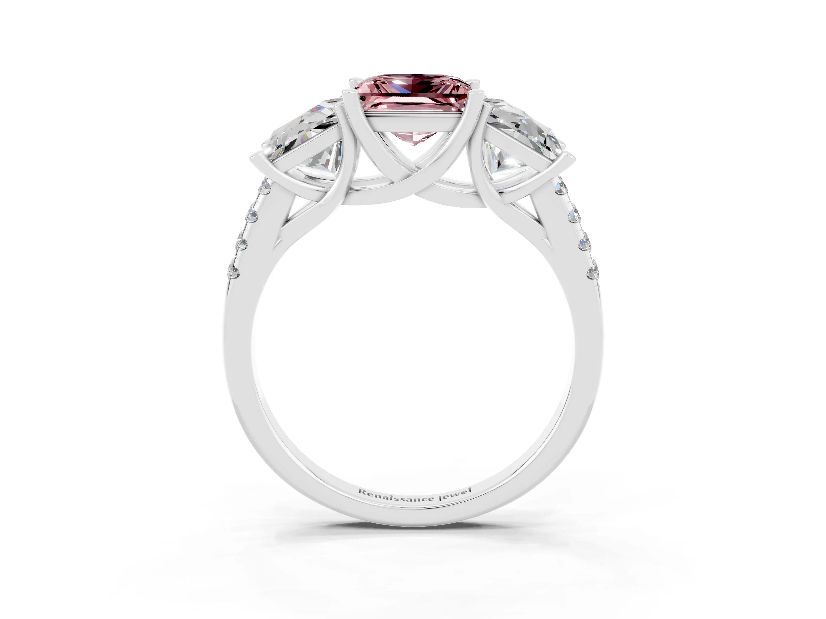White gold Three-Stone Princess Cut Morganite Ring with Round  Pavé Band and Prong Setting_51