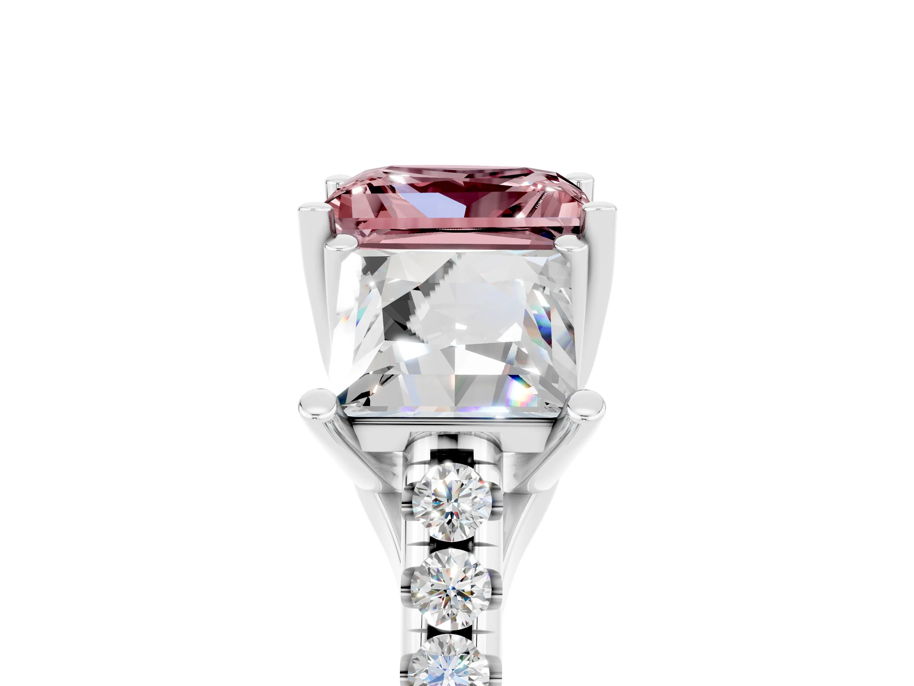 White gold Three-Stone Princess Cut Morganite Ring with Round  Pavé Band and Prong Setting_53