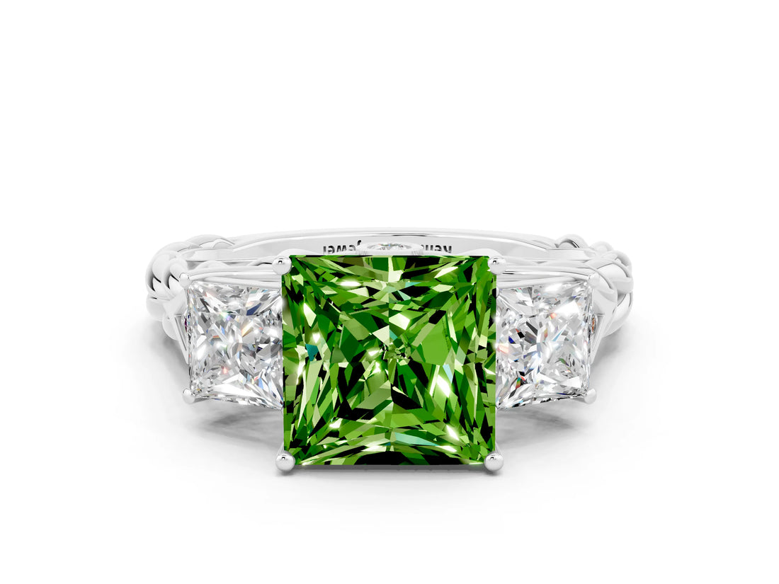 White gold Three-Stone Princess Cut Peridot Braided Band Ring with Four-Prong Setting_12