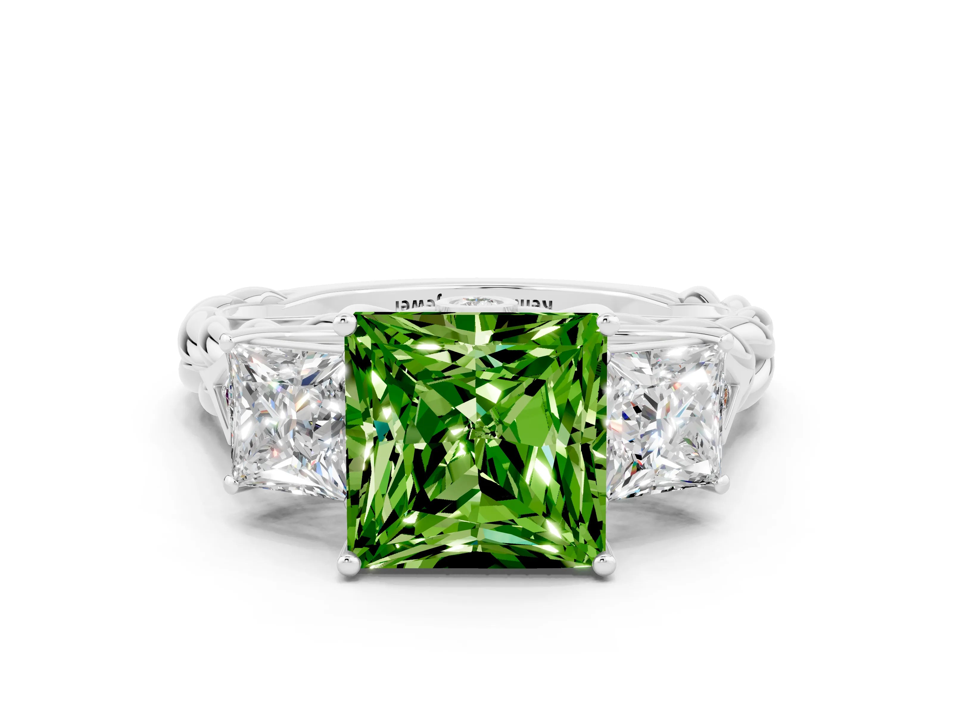 White gold Three-Stone Princess Cut Peridot Braided Band Ring with Four-Prong Setting_12