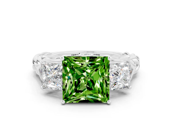 White gold Three-Stone Princess Cut Peridot Braided Band Ring with Four-Prong Setting