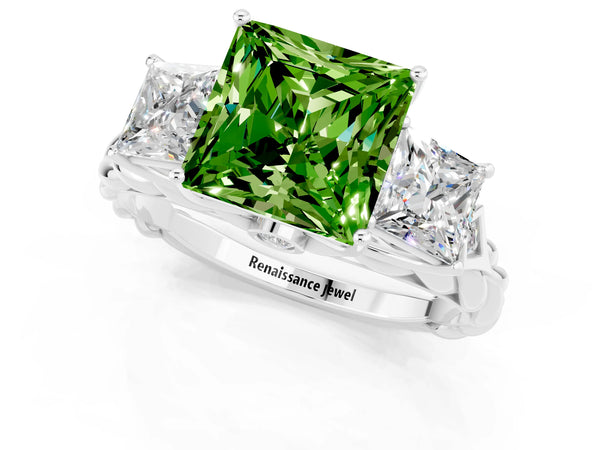 Platinum Three-Stone Princess Cut Peridot Braided Band Ring with Four-Prong Setting
