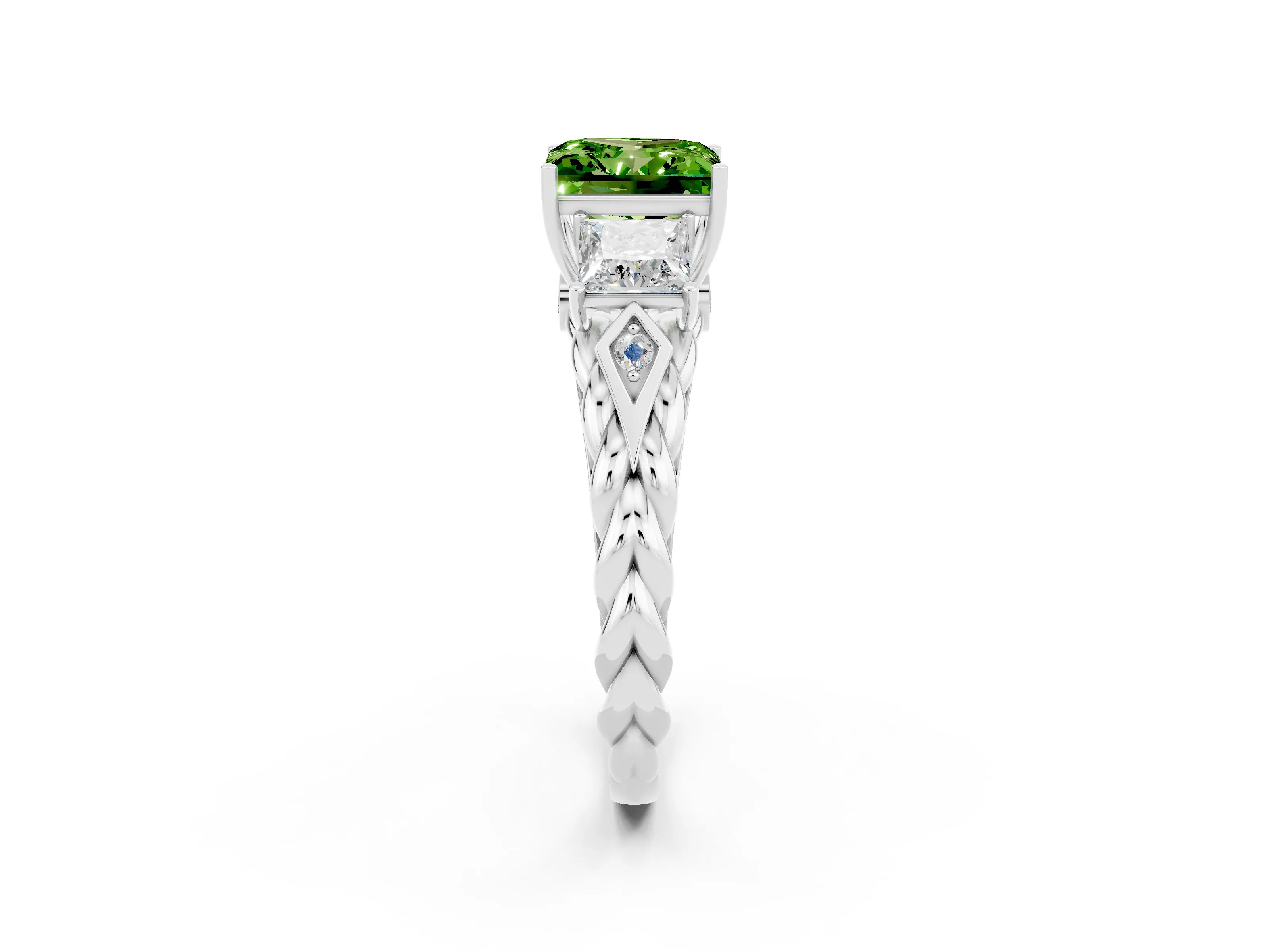 White gold Three-Stone Princess Cut Peridot Braided Band Ring with Four-Prong Setting_14
