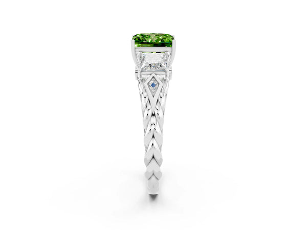 White gold Three-Stone Princess Cut Peridot Braided Band Ring with Four-Prong Setting