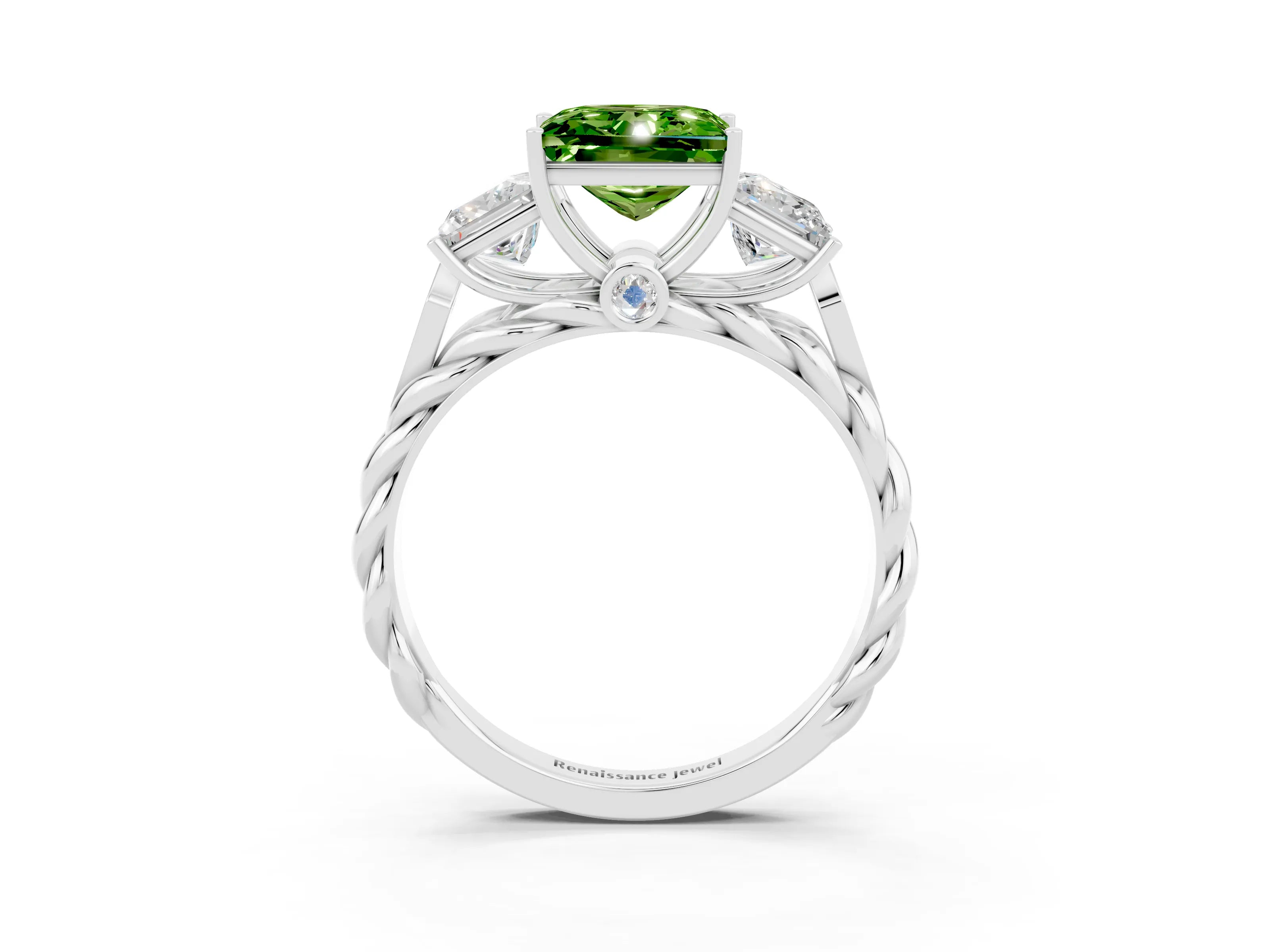 White gold Three-Stone Princess Cut Peridot Braided Band Ring with Four-Prong Setting_15