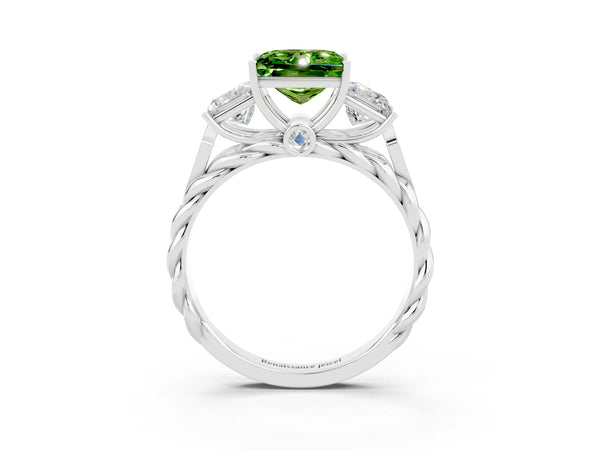 Silver Three-Stone Princess Cut Peridot Braided Band Ring with Four-Prong Setting