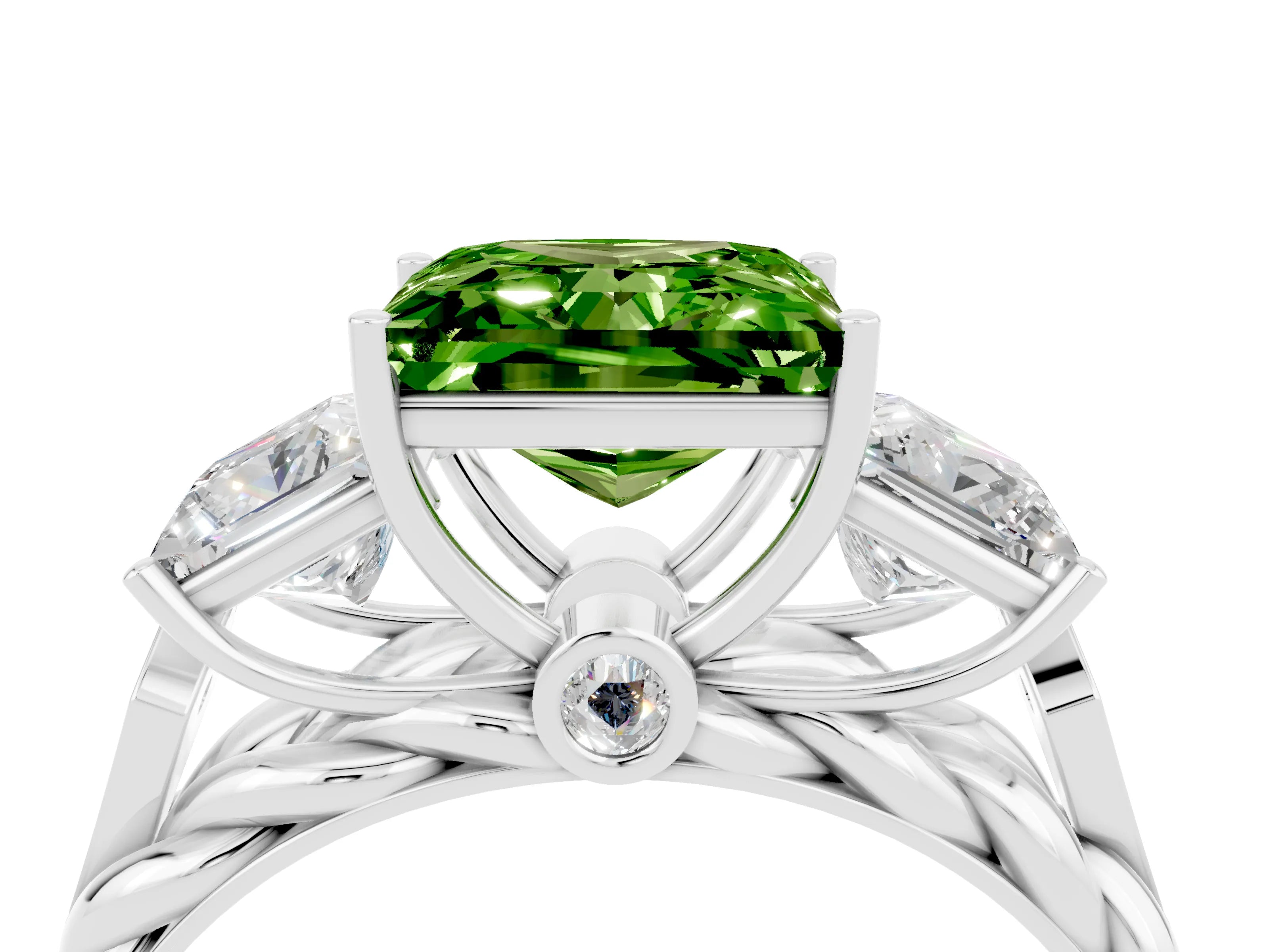 White gold Three-Stone Princess Cut Peridot Braided Band Ring with Four-Prong Setting_16
